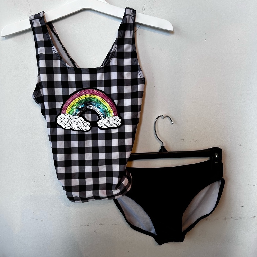 Cat & Jack Black and White Checkered Swimsuit with Rainbow Design.  L​